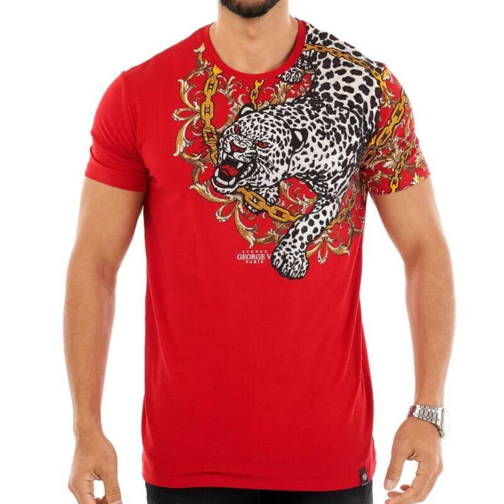 Avenue George V Paris T-Shirt Men's Red Short Sleeve shirt Leopard rhinestone L
